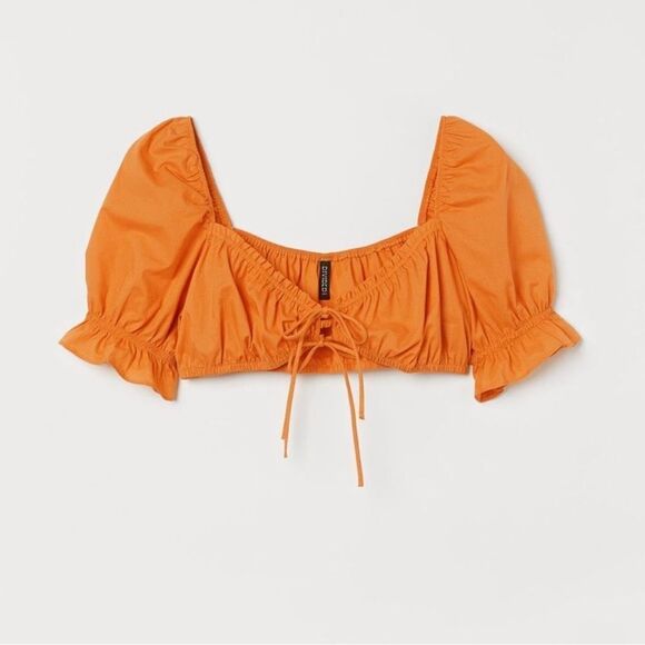 H&M Divided Crop Top Tie Front Puff Sleeve Orange Size Medium NWT - Picture 1 of 5